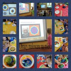 3.	„Obrazy malowane na mleku” – eksperyment zainspirowany twórczością Wojciecha Fangora. Po obejrzeniu krótkiej prezentacji przyszedł czas na działania praktyczne. Dzieci dostały talerzyki z mlekiem, barwniki spożywcze i pipety do twórczej zabawy. Efekty były zachwycające, szczególnie dla dzieci. 