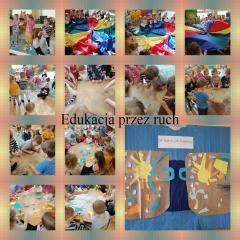 6.	„Edukacja przez ruch D. Dziamskiej” – kropki, kreski, owale, fale i spirale. To wszystko towarzyszyło dzieciom przy okazji tematu „W marcu jak w garncu. Zabawy z chustą animacyjną były powodem śmiechu i dobrej zabawy, a rysowanie na dużym arkuszu szarego papieru usprawniało motorykę małą i zwieńczone było wspólną pracą. Dzieci uczyły się przy tym zadaniu współpracy i czekania na swoją kolej. 